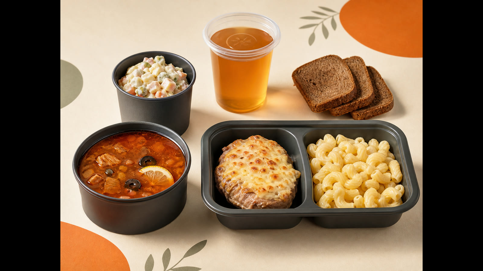 Комплексный обед Max: оливье, суп, мясо, гарнир, компот и хлеб